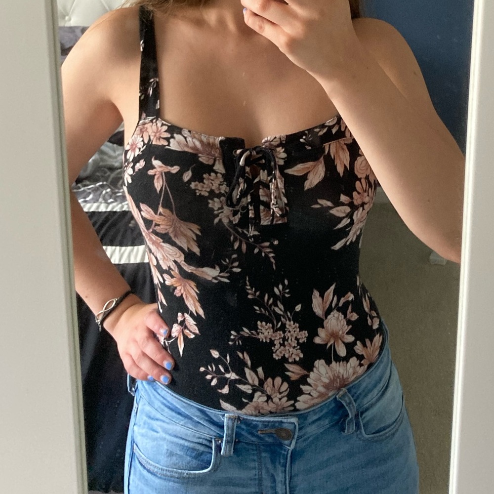 American Eagle Black and Floral Bodysuit